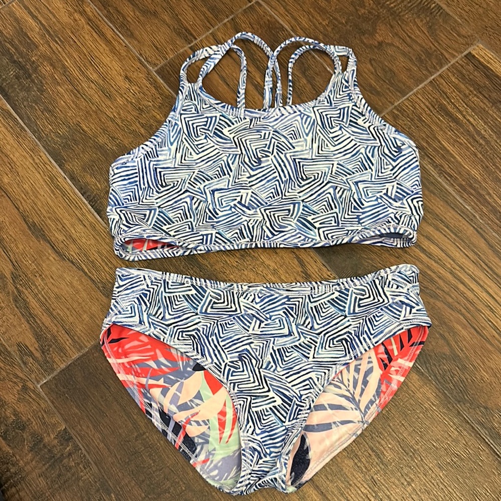 Athleta Kids Swim Bikini reversible- Blue Pattern